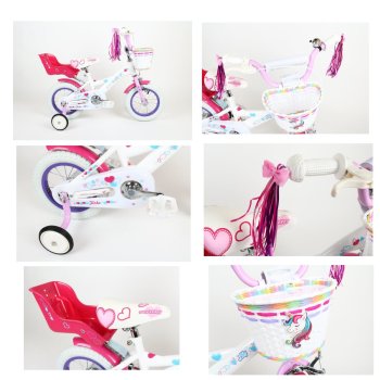Bicicletta per bambini 12 pollici con barra di spinta e ruote di addestramento sedile della bambola e cestino Lily di Lux4Kids