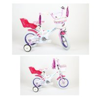 Barncykel 12 tum med pushbar och träningshjul docksäte och korg Lily från Lux4Kids